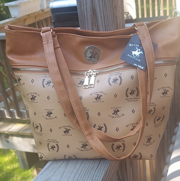Beverly Hills Polo Club Tan Signature Monogram Faux Leather Tote Bag - Picture 4 of 14